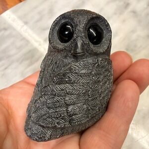 VTG Wolf Original Owl Hand Carved Black Soapstone Sculpture Glass Eyes 2.75 in